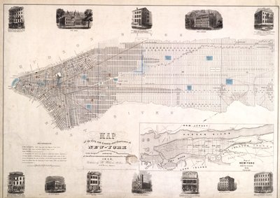 Karte der Stadt und des County New York mit Originalcharakteren und Illustrationen, 1850 von American School